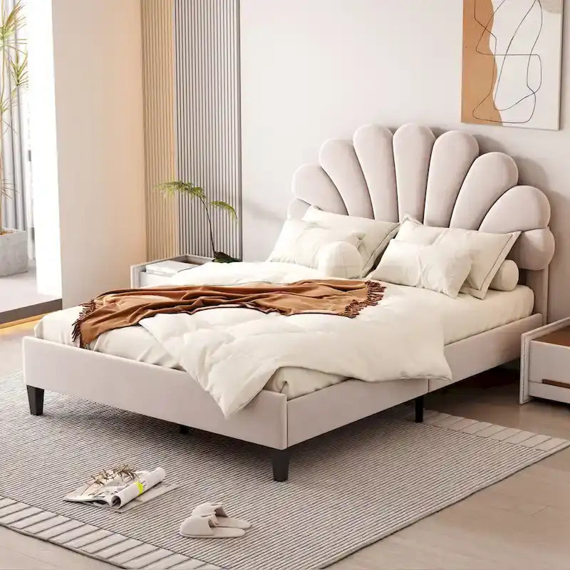 Letto a piattaforma in velluto floreale rosso fagiolo / beige – Matrimoniale / Queen (2 persone)
