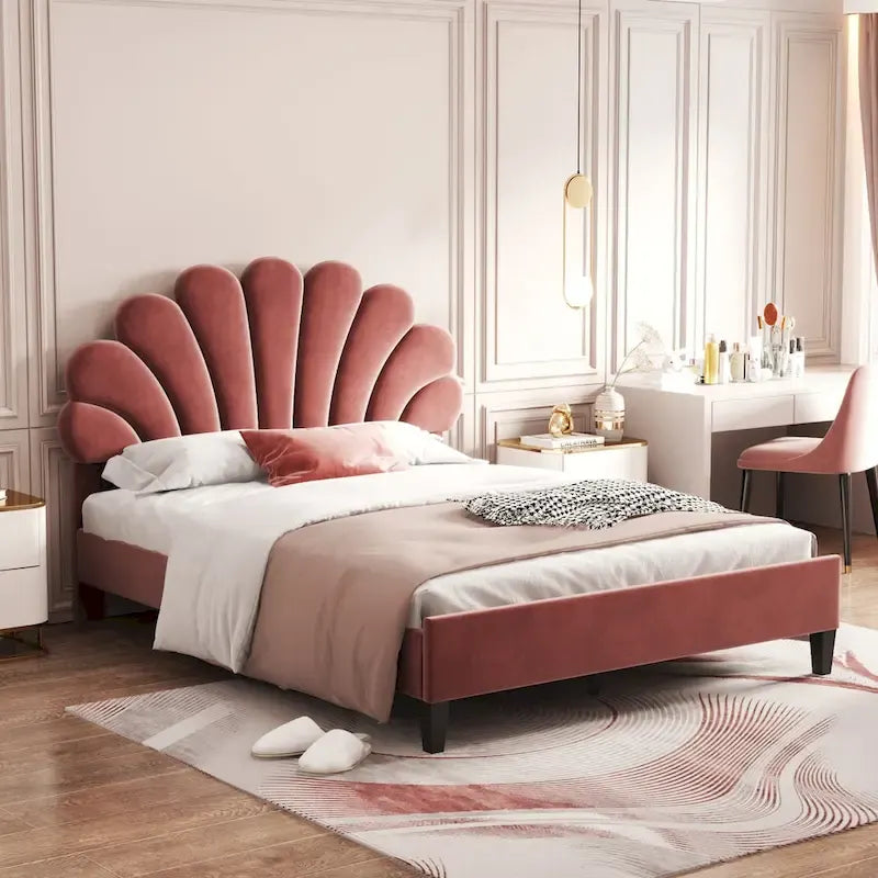 Letto a piattaforma in velluto floreale rosso fagiolo / beige – Matrimoniale / Queen (2 persone)