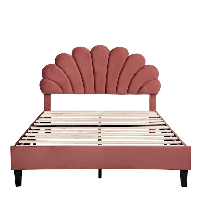 Letto a piattaforma in velluto floreale rosso fagiolo / beige – Matrimoniale / Queen (2 persone)