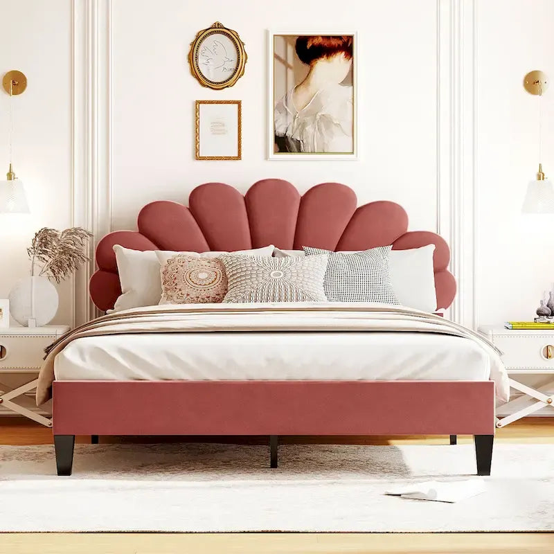 Letto a piattaforma in velluto floreale rosso fagiolo / beige – Matrimoniale / Queen (2 persone)