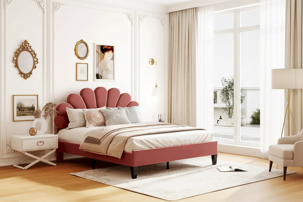 Letto a piattaforma in velluto floreale rosso fagiolo / beige – Matrimoniale / Queen (2 persone)