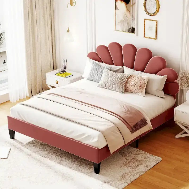 Letto a piattaforma in velluto floreale rosso fagiolo / beige – Matrimoniale / Queen (2 persone)