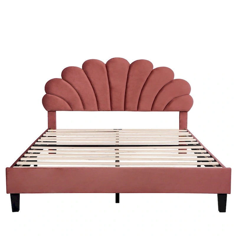 Letto a piattaforma in velluto floreale rosso fagiolo / beige – Matrimoniale / Queen (2 persone)