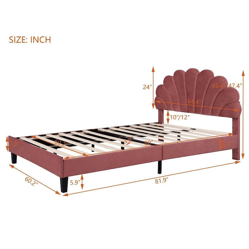Letto a piattaforma in velluto floreale rosso fagiolo / beige – Matrimoniale / Queen (2 persone)