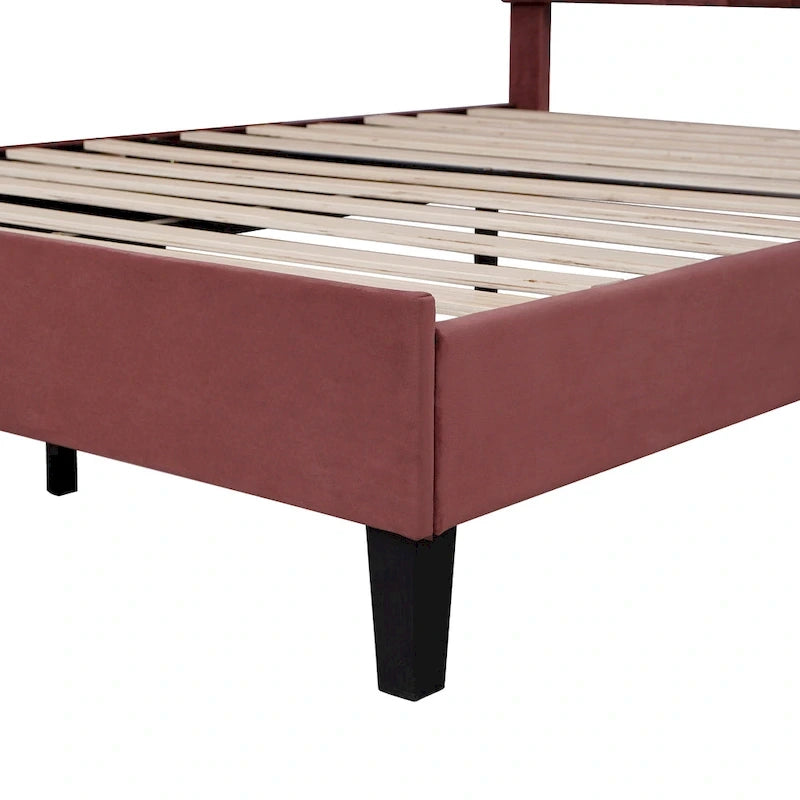 Letto a piattaforma in velluto floreale rosso fagiolo / beige – Matrimoniale / Queen (2 persone)
