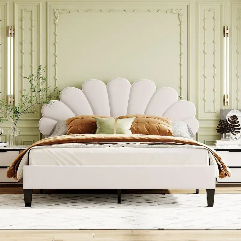 Letto a piattaforma in velluto floreale rosso fagiolo / beige – Matrimoniale / Queen (2 persone)
