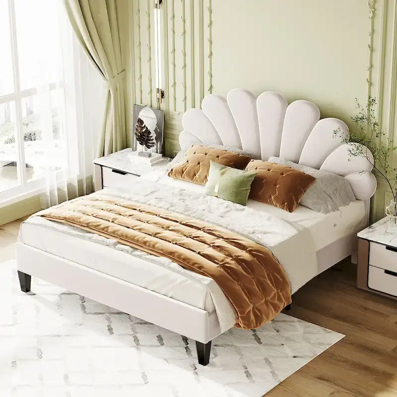 Letto a piattaforma in velluto floreale rosso fagiolo / beige – Matrimoniale / Queen (2 persone)