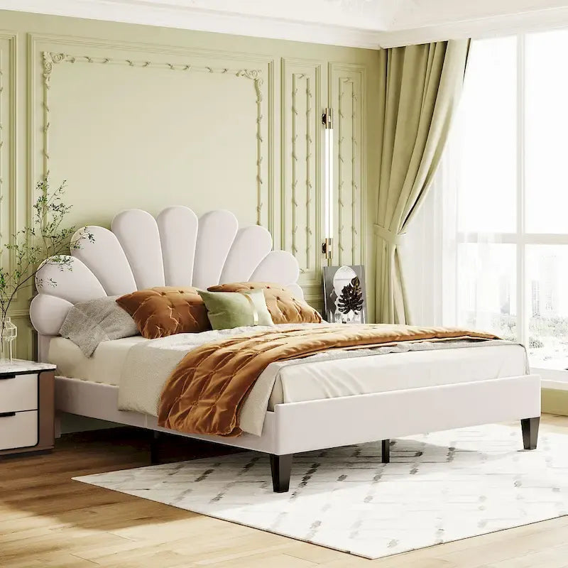 Letto a piattaforma in velluto floreale rosso fagiolo / beige – Matrimoniale / Queen (2 persone)