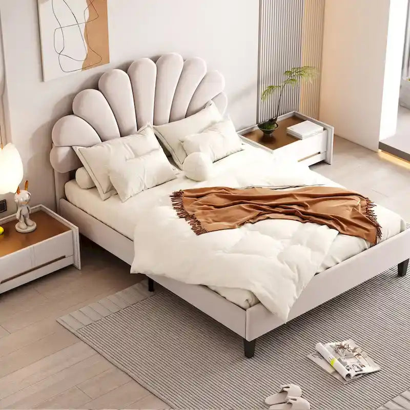 Letto a piattaforma in velluto floreale rosso fagiolo / beige – Matrimoniale / Queen (2 persone)
