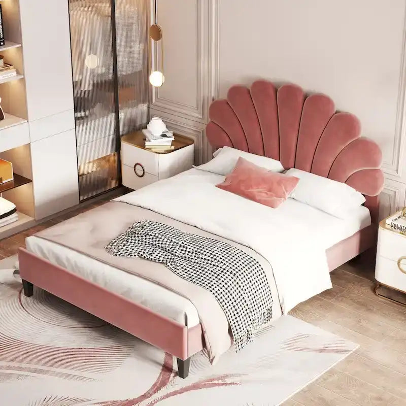 Letto a piattaforma in velluto floreale rosso fagiolo / beige – Matrimoniale / Queen (2 persone)