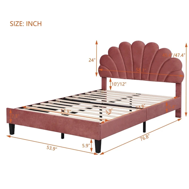 Letto a piattaforma in velluto floreale rosso fagiolo / beige – Matrimoniale / Queen (2 persone)