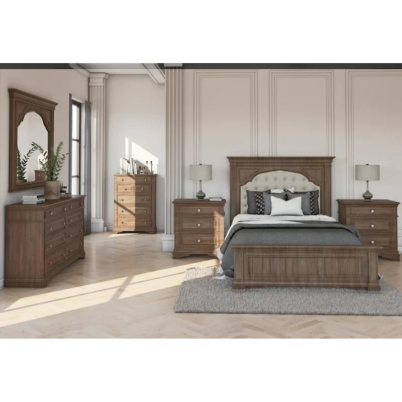 Set camera da letto con pannello imbottito 6 pezzi in legno flottato e avorio anticato, Queen/King, per 2