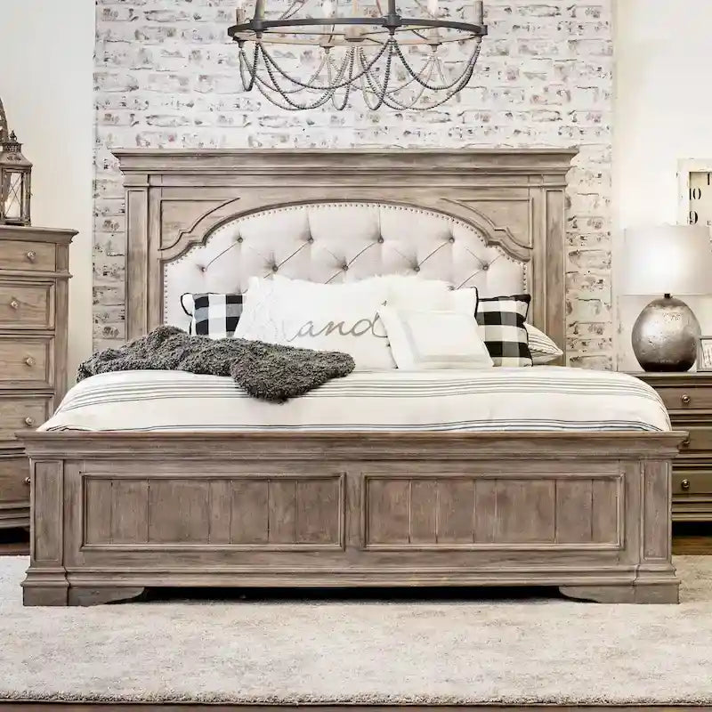 Set camera da letto con pannello imbottito 6 pezzi in legno flottato e avorio anticato, Queen/King, per 2