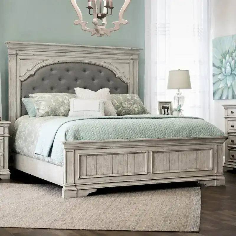 Set camera da letto con pannello imbottito 6 pezzi in legno flottato e avorio anticato, Queen/King, per 2