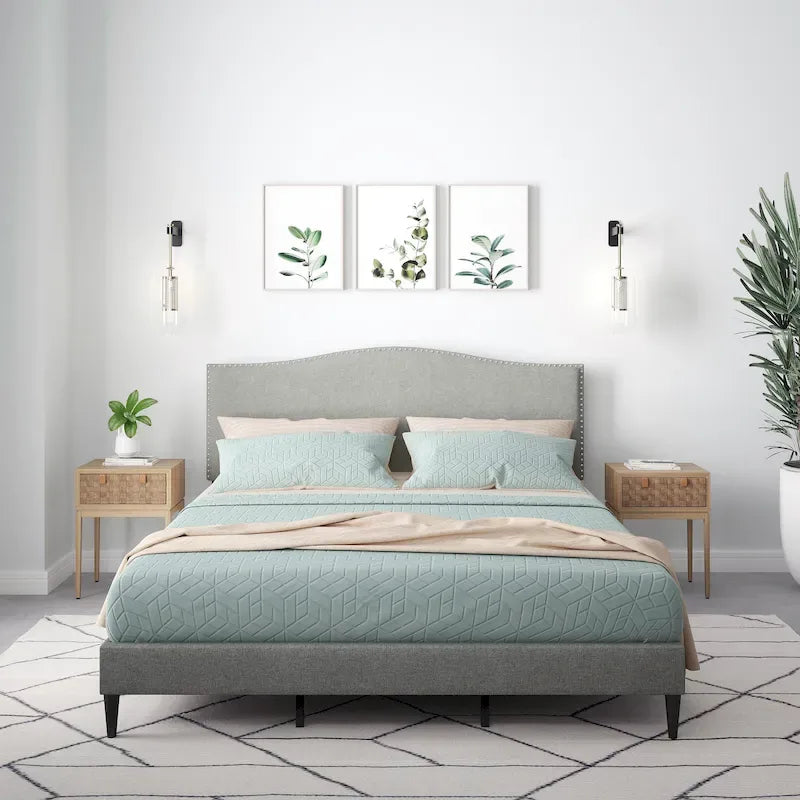 Letto imbottito con piattaforma a gobba di cammello color pietra/beige/grigio, Queen/King/Cal King, 1-2 persone