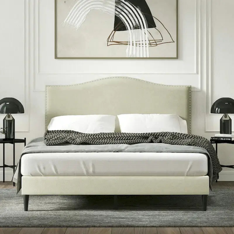 Letto imbottito con piattaforma a gobba di cammello color pietra/beige/grigio, Queen/King/Cal King, 1-2 persone