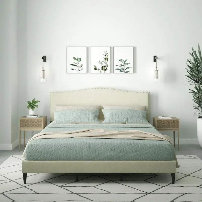 Letto imbottito con piattaforma a gobba di cammello color pietra/beige/grigio, Queen/King/Cal King, 1-2 persone