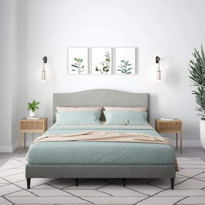 Letto imbottito con piattaforma a gobba di cammello color pietra/beige/grigio, Queen/King/Cal King, 1-2 persone