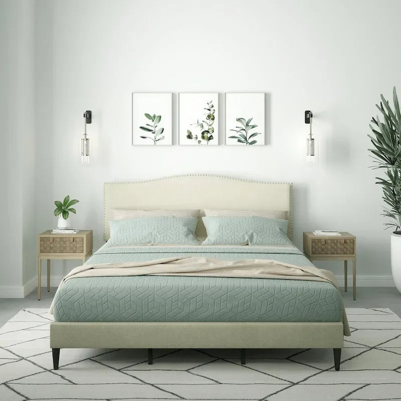 Letto imbottito con piattaforma a gobba di cammello color pietra/beige/grigio, Queen/King/Cal King, 1-2 persone