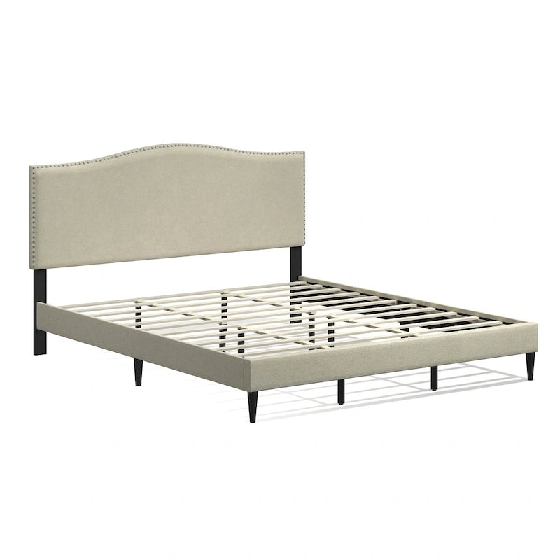 Letto imbottito con piattaforma a gobba di cammello color pietra/beige/grigio, Queen/King/Cal King, 1-2 persone