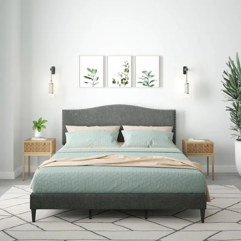 Letto imbottito con piattaforma a gobba di cammello color pietra/beige/grigio, Queen/King/Cal King, 1-2 persone