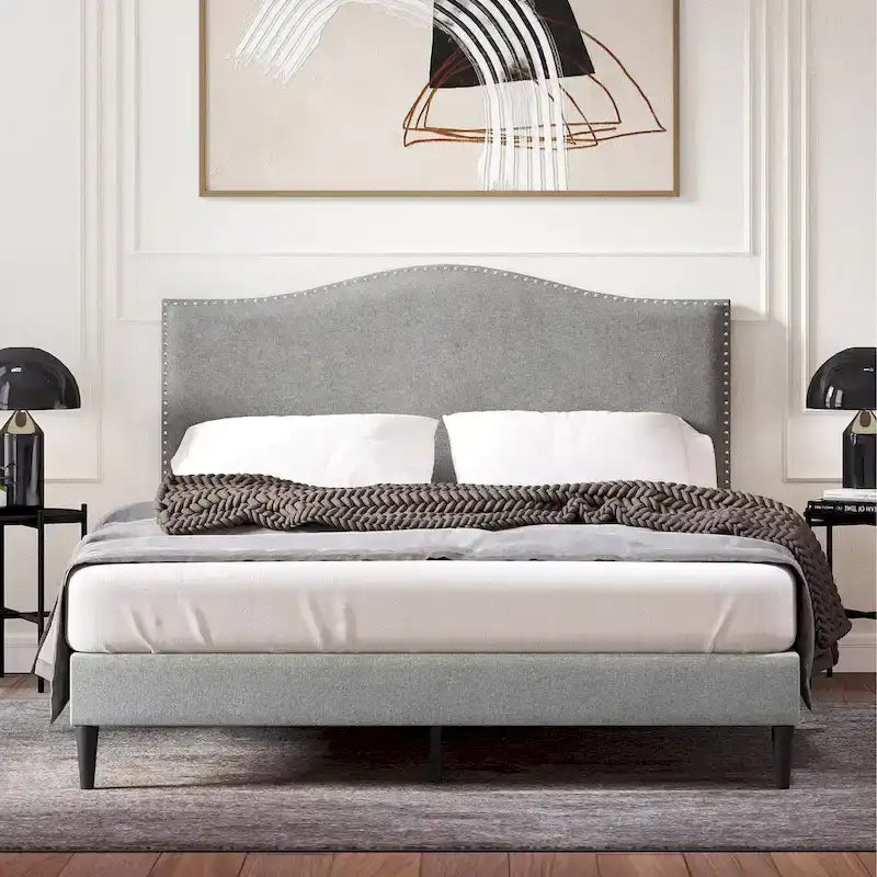 Letto imbottito con piattaforma a gobba di cammello color pietra/beige/grigio, Queen/King/Cal King, 1-2 persone