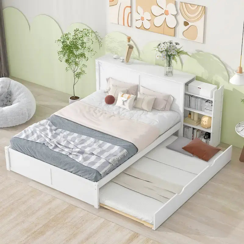 Letto queen-size bianco con ripiani portaoggetti e rotelle estraibili, 2 persone