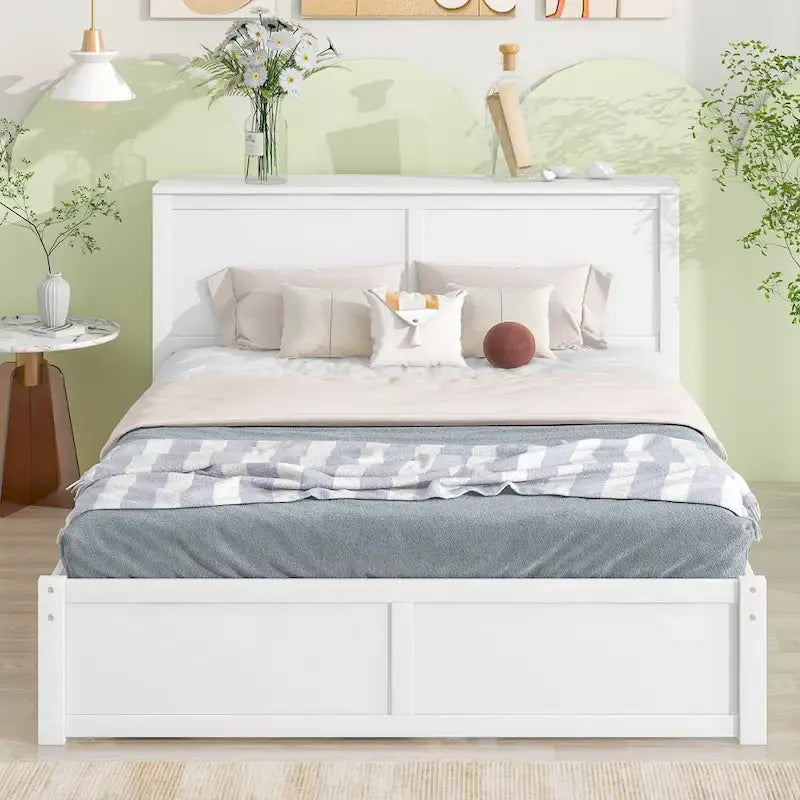 Letto queen-size bianco con ripiani portaoggetti e rotelle estraibili, 2 persone