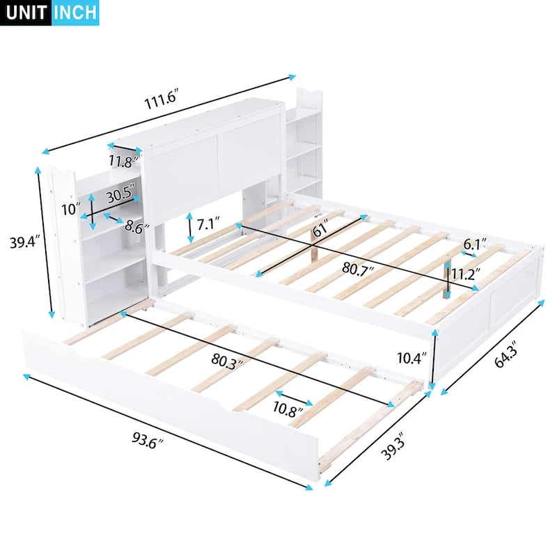 Letto queen-size bianco con ripiani portaoggetti e rotelle estraibili, 2 persone