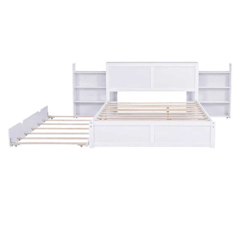 Letto queen-size bianco con ripiani portaoggetti e rotelle estraibili, 2 persone