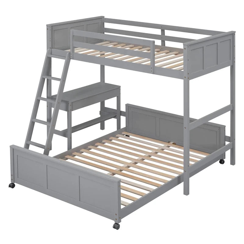 Letto a Castello Grigio con Letto Matrimoniale e Scrivania e Cassetti, per 2 Persone