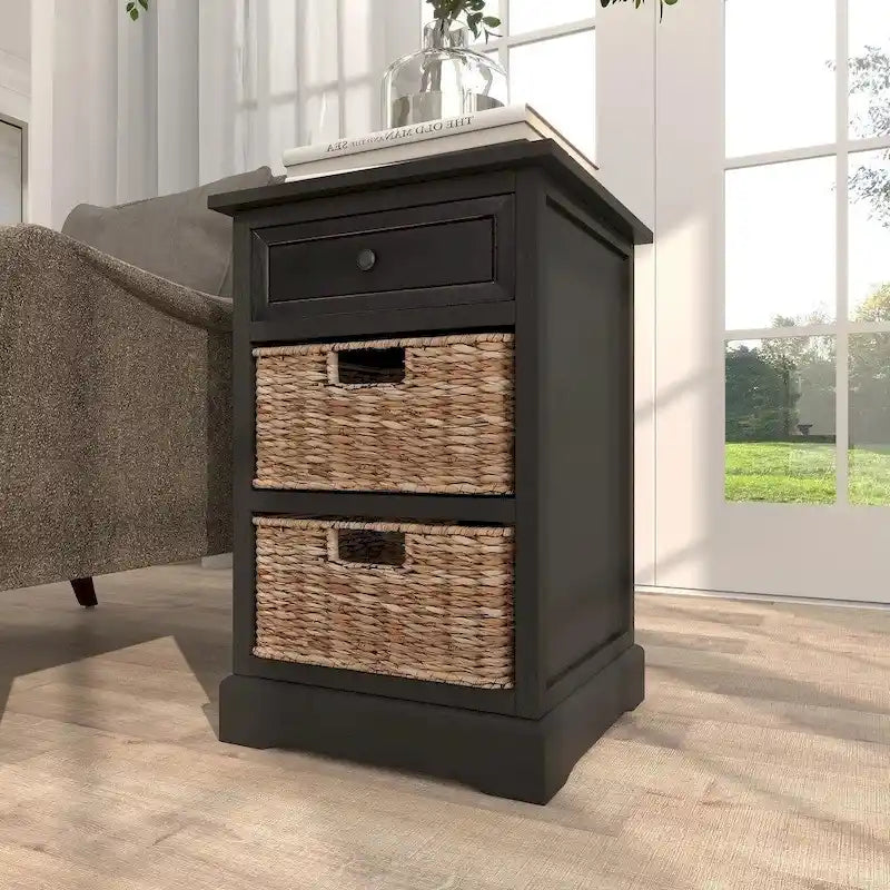 Comodino in legno nero/marrone/acqua con cassetto e cestini in rattan, stile contemporaneo, singolo