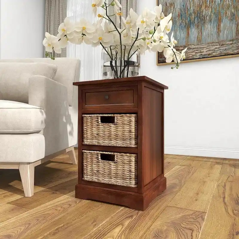 Comodino in legno nero/marrone/acqua con cassetto e cestini in rattan, stile contemporaneo, singolo