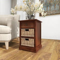 Comodino in legno nero/marrone/acqua con cassetto e cestini in rattan, stile contemporaneo, singolo