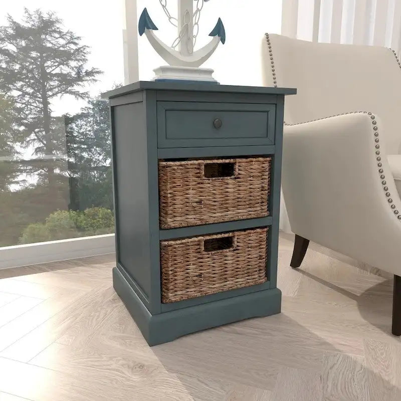 Comodino in legno nero/marrone/acqua con cassetto e cestini in rattan, stile contemporaneo, singolo