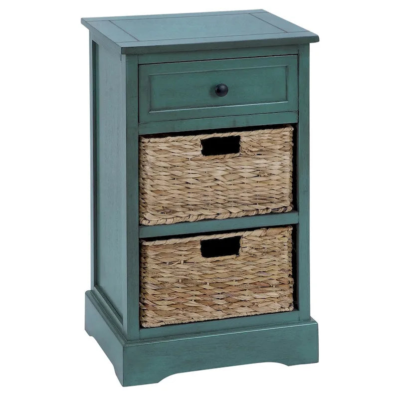 Comodino in legno nero/marrone/acqua con cassetto e cestini in rattan, stile contemporaneo, singolo