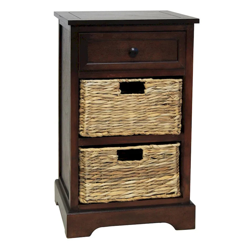 Comodino in legno nero/marrone/acqua con cassetto e cestini in rattan, stile contemporaneo, singolo