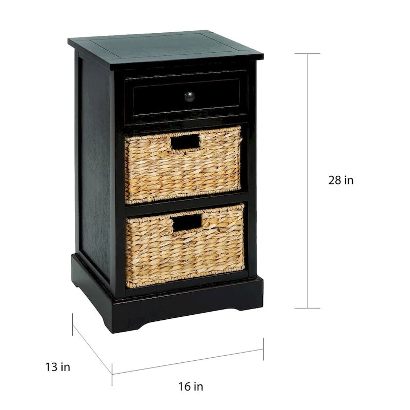 Comodino in legno nero/marrone/acqua con cassetto e cestini in rattan, stile contemporaneo, singolo