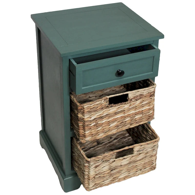 Comodino in legno nero/marrone/acqua con cassetto e cestini in rattan, stile contemporaneo, singolo