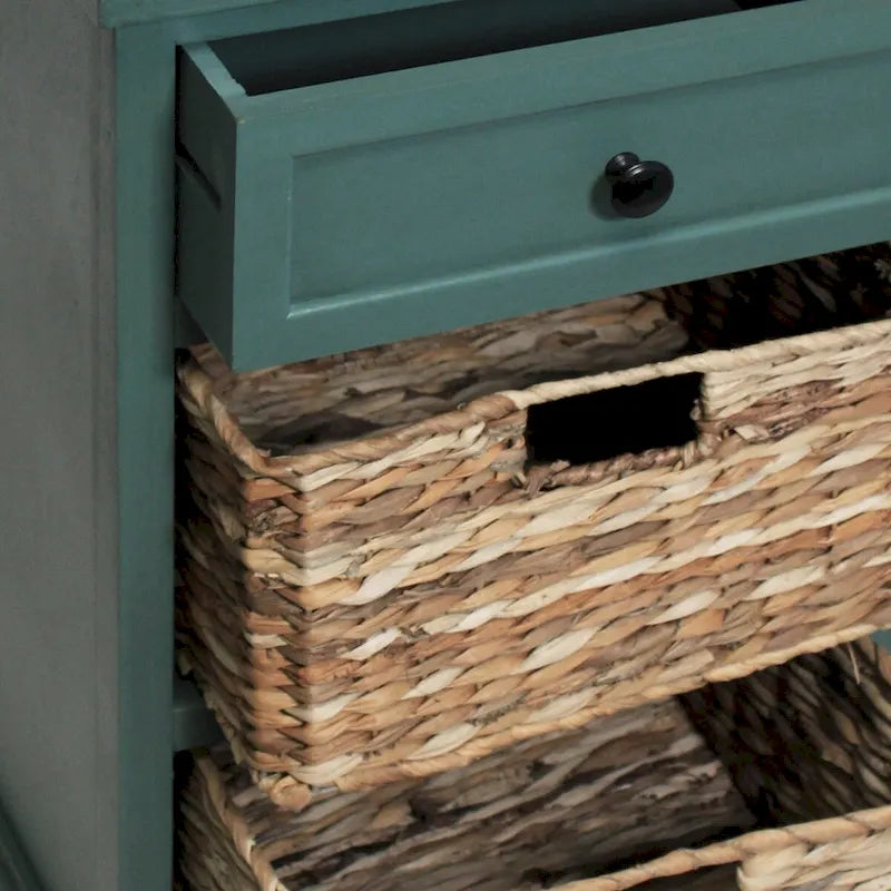 Comodino in legno nero/marrone/acqua con cassetto e cestini in rattan, stile contemporaneo, singolo