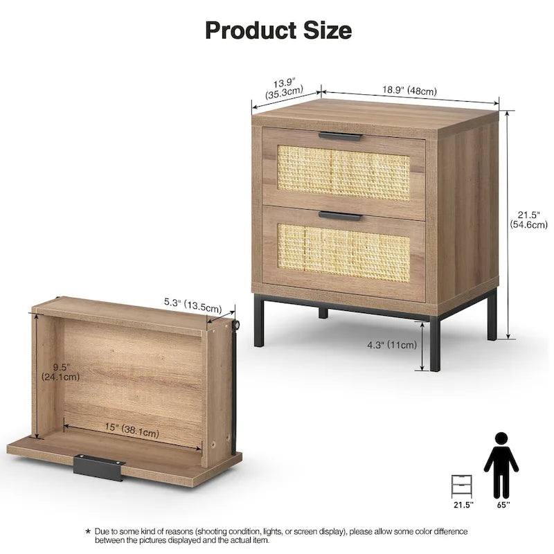 Comodino singolo a 2 cassetti in rattan marrone, stile rustico