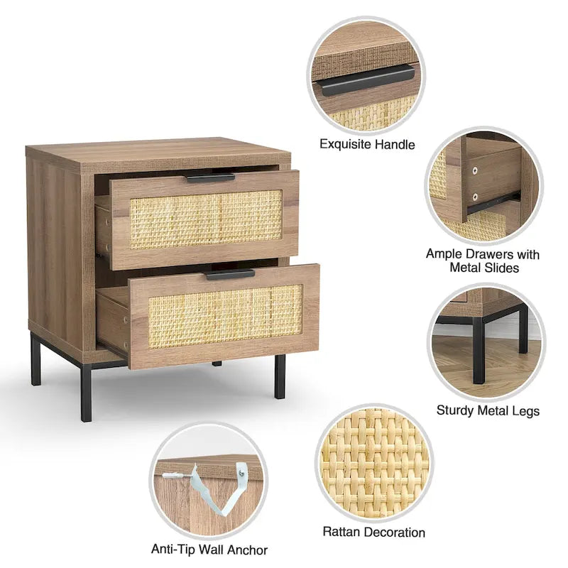 Comodino singolo a 2 cassetti in rattan marrone, stile rustico