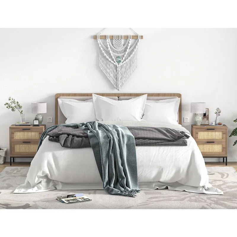 Comodino singolo a 2 cassetti in rattan marrone, stile rustico