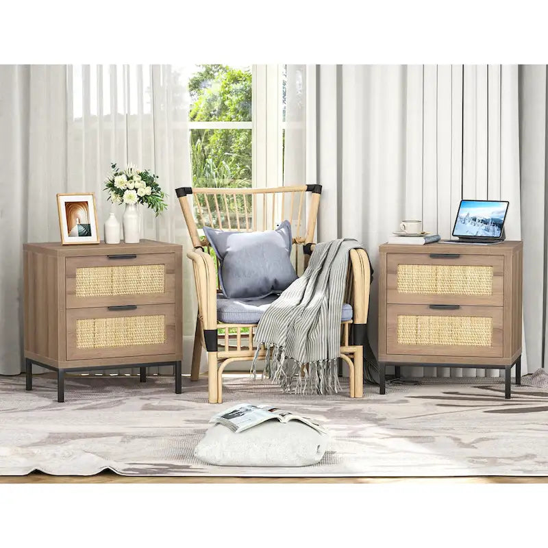 Comodino singolo a 2 cassetti in rattan marrone, stile rustico