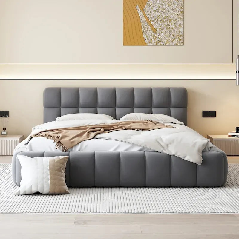 Letto matrimoniale imbottito a piattaforma grigio/beige, in tessuto di lino, per 1