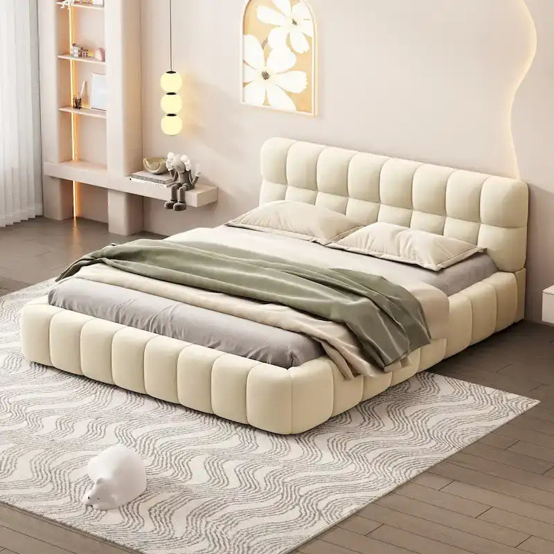 Letto matrimoniale imbottito a piattaforma grigio/beige, in tessuto di lino, per 1