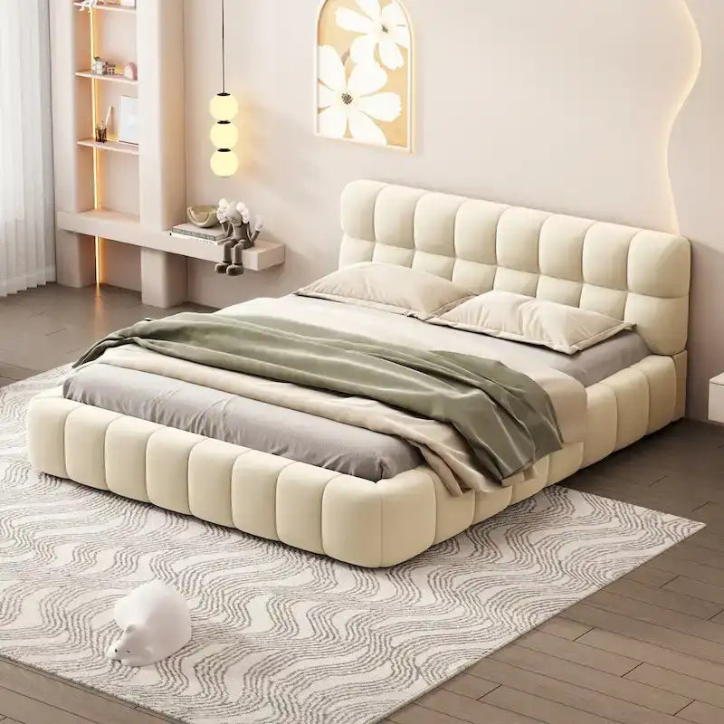 Letto matrimoniale imbottito a piattaforma grigio/beige, in tessuto di lino, per 1