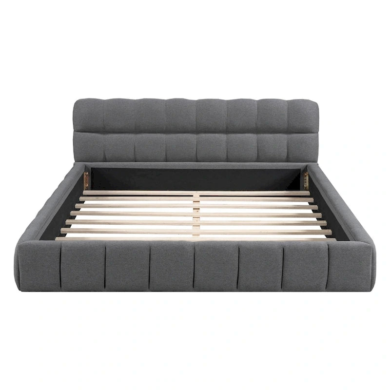 Letto matrimoniale imbottito a piattaforma grigio/beige, in tessuto di lino, per 1