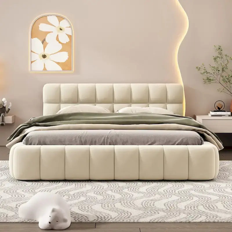Letto matrimoniale imbottito a piattaforma grigio/beige, in tessuto di lino, per 1