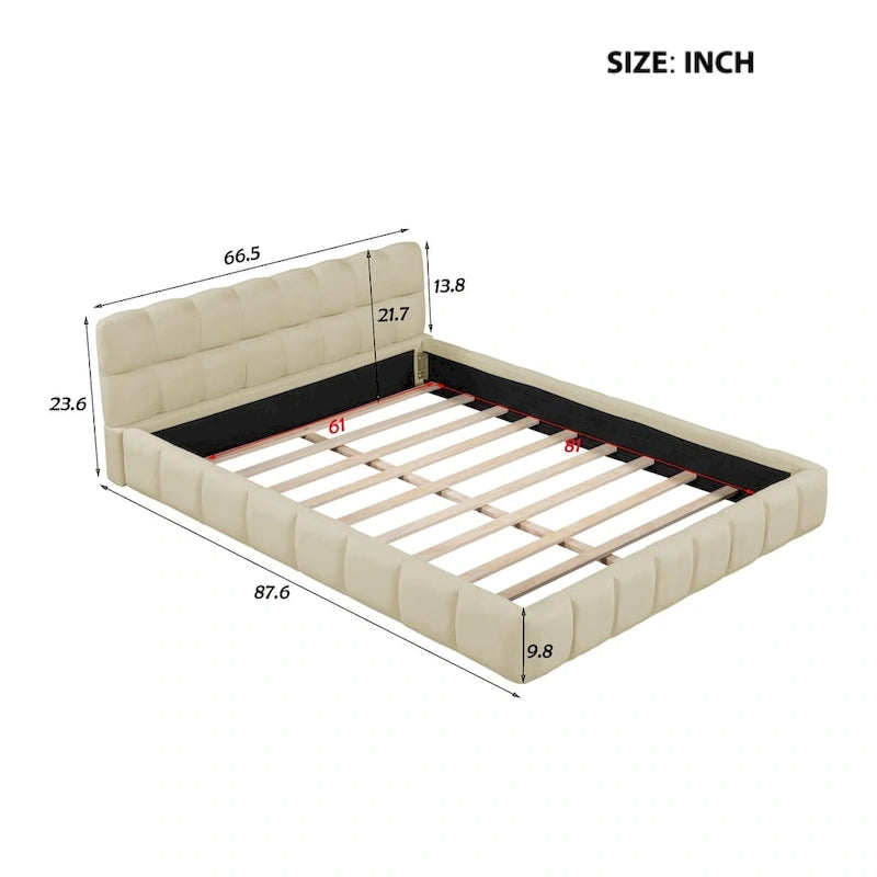 Letto matrimoniale imbottito a piattaforma grigio/beige, in tessuto di lino, per 1